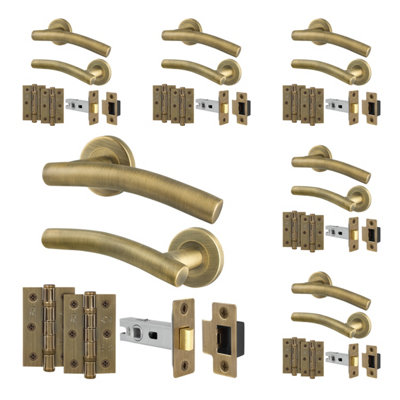 Afit Brass Door Handles Round Rose6 Pairs Antique Brass Curved Internal Lever HandlesLatch 64mm And HingesArco from B&Q