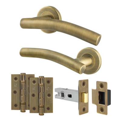 Afit Brass Door Handles Round Rose1 Pair Of Antique Brass Curved Internal Lever HandlesLatch 76mm And HingesArco from B&Q