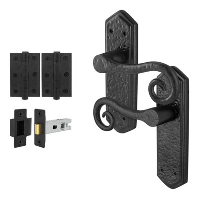 Afit Black Antique Door Handles Latch Kit1 Pair Of Cast Iron Curly Tail Internal Door HandlesLatch 64mm And Hinges from B&Q