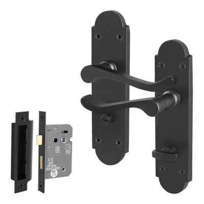Afit Black Bathroom Door Handle Set1 Pair Internal Matt Black Victorian Scroll Shaped Backplate Handle And Lock 64mm from B&Q