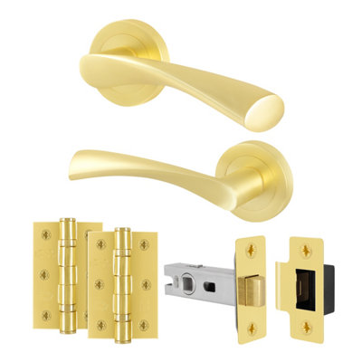 Afit Brass Door Handles Round Rose With Latch1 Pair Internal Satin Brass Lever HandlesLatch 64mm And HingesNovi from B&Q