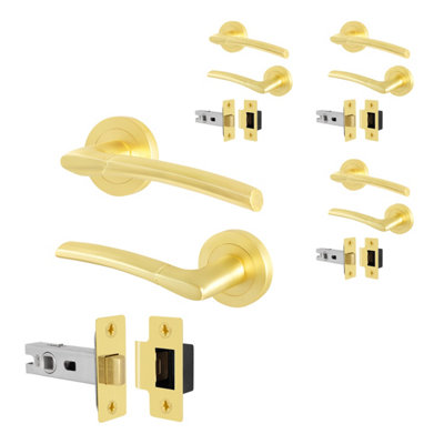 Afit Brass Door Handles Round Rose With Latch4 Pairs Of Internal Satin Brass Lever HandlesLatch (64mm)Boston from B&Q