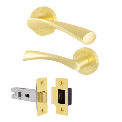 Afit Brass Door Handles Round Rose With Latch1 Pair Of Internal Satin Brass Lever HandlesLatch (64mm)Novi Range from B&Q