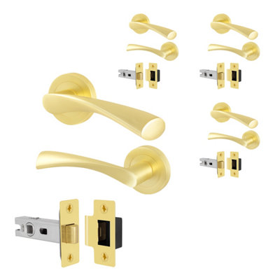 Afit Brass Door Handles Round Rose With Latch4 Pairs Of Internal Satin Brass Lever HandlesLatch (64mm)Novi from B&Q