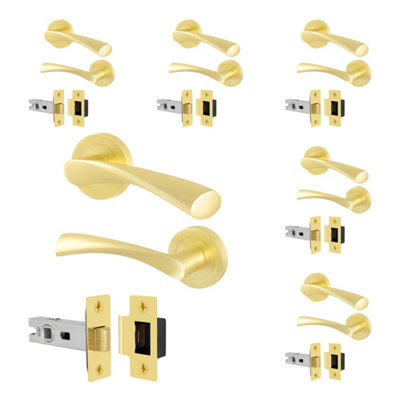 Afit Brass Door Handles Round Rose With Latch6 Pairs Of Internal Satin Brass Lever HandlesLatch (64mm)Novi from B&Q