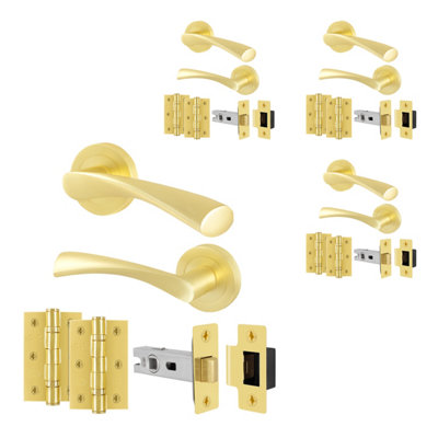 Afit Brass Door Handles Round Rose With Latch4 Pairs Internal Satin Brass Lever HandlesLatch 64mm And HingesNovi from B&Q