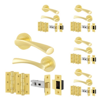Afit Brass Door Handles Round Rose With Latch5 Pairs Internal Satin Brass Lever HandlesLatch 64mm And HingesNovi from B&Q