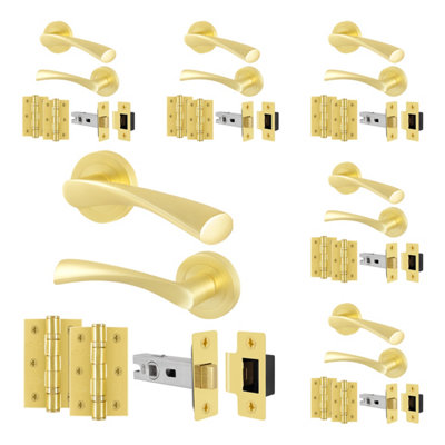 Afit Brass Door Handles Round Rose With Latch6 Pairs Internal Satin Brass Lever HandlesLatch 64mm And HingesNovi from B&Q