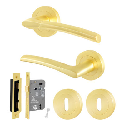 Afit Brass Lock Door Handle Round Rose Set1 Pair Internal Satin Brass Lever Handles And Lock 64mmBoston Range from B&Q