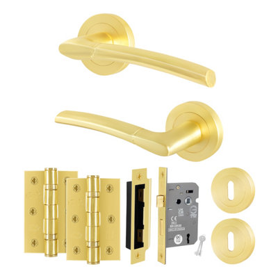 B&Q -  Satin Brass Door Handle Round Rose Key Lock Kit1 Pair Of Internal Lever HandlesLock 64mm And HingesBoston