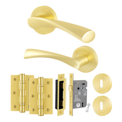 Afit Brass Lock Door Handle Round Rose Set1 Pair Of Internal Satin Brass Lever HandlesLock 64mm And HingesNovi from B&Q