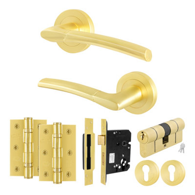 B&Q -  Satin Brass Door Handle Euro Lock And Double Cylinder Kit1 Pair Of Internal HandlesLocksHingesBoston