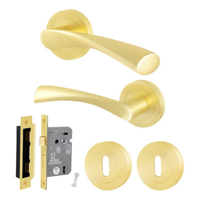 Afit Brass Lock Door Handle Round Rose Set1 Pair Internal Satin Brass Lever Handles And Lock 64mmNovi Range from B&Q