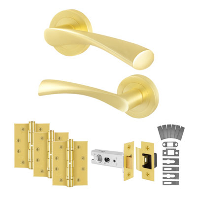 Afit Unisex Gold Satin Brass Fire Door Handles Round Rose Latch Hinges 1 Pair Novi In | Size: 150Mm X 150Mm - Image 2