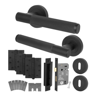 Afit Matt Black Door Handle Key Lock KitFire Rated Fd30/601 Pair Of Knurled Internal HandlesLock 80mmHingesNurl from B&Q