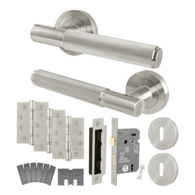 Afit Satin Nickel Door Handle Key Lock KitFire Rated Fd30/601 Pair Of Knurled Internal HandlesLock 80mmHingesNurl from B&Q