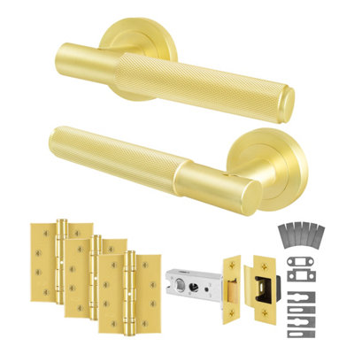 Afit Satin Brass Door Handles Latch KitFire Rated Fd30/601 Pair Knurled  Internal HandlesLatch 76mmHingesNurl from B&Q