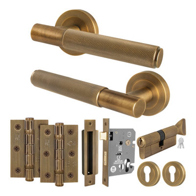 B&Q -  Antique Brass Door Handle Euro Lock And Turn Cylinder Set1 Pair Of Knurled Internal HandlesLocksHingesNurl