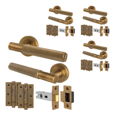 B&Q -  Antique Brass Door Handles Round Rose Latch Kit4 Pairs Knurled Internal Lever HandlesLatches 64mm And HingesNurl