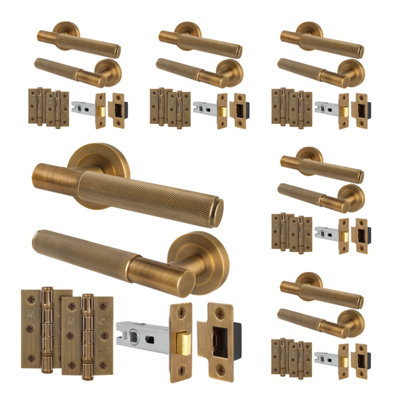 B&Q -  Antique Brass Door Handles Round Rose Latch Kit6 Pairs Knurled Internal Lever HandlesLatches 64mm And HingesNurl