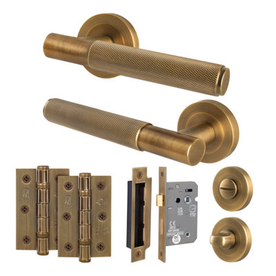 B&Q -  Antique Brass Bathroom Door Handle Round Rose Kit1 Pair Of Knurled Internal Lever HandlesLock 80mmHingesNurl