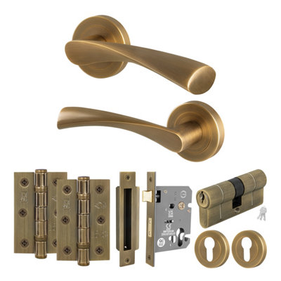 B&Q -  Antique Brass Door Handle Euro Lock And Double Cylinder Kit1 Pair Of Internal HandlesLocksHingesNovi