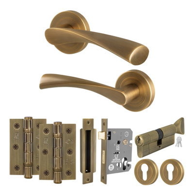 B&Q -  Antique Brass Door Handle Euro Lock And Turn Cylinder Kit1 Pair Of Internal HandlesLocksHingesNovi