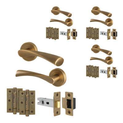 B&Q -  Antique Brass Door Handles Round Rose Latch Kit4 Pairs Internal Lever HandlesLatches 64mm And HingesNovi