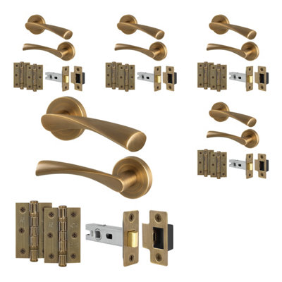 B&Q -  Antique Brass Door Handles Round Rose Latch Kit5 Pairs Internal Lever HandlesLatches 64mm And HingesNovi