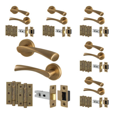 B&Q -  Antique Brass Door Handles Round Rose Latch Kit6 Pairs Internal Lever HandlesLatches 64mm And HingesNovi