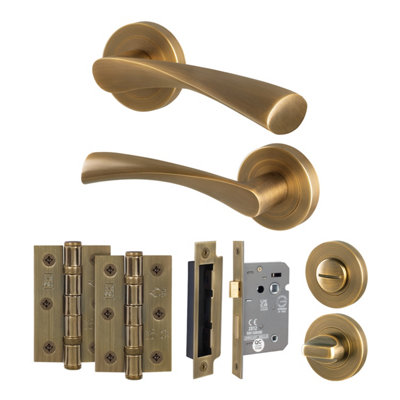 B&Q -  Antique Brass Bathroom Door Handle Round Rose Kit1 Pair Of Internal Lever HandlesLock 64mmHingesNovi