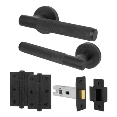 Afit Matt Black Door Handles Round Rose Latch Kit1 Pair Knurled Internal Lever HandlesLatch 64mm And HingesNurl from B&Q