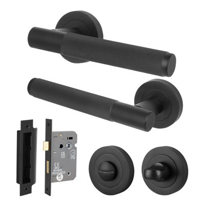 Afit Matt Black Bathroom Door Handle Round Rose Kit1 Pair Of Knurled Internal Lever Handles With Lock 64mmNurl from B&Q