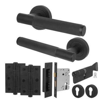 B&Q -  Matt Black Door Handle Euro Lock And Turn Cylinder Set1 Pair Of Knurled Internal HandlesLocksHingesNurl