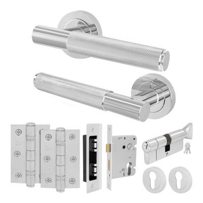 B&Q -  Polished Chrome Door Handle Euro Lock And Turn Cylinder Set1 Pair Of Knurled Internal HandlesLocksHingesNurl