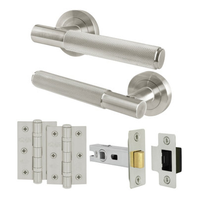 B&Q -  Satin Nickel Door Handles Round Rose Latch Kit1 Pair Knurled Internal Lever HandlesLatch 64mm And HingesNurl
