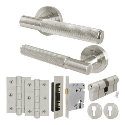 B&Q -  Satin Nickel Door Handle Euro Lock And Double Cylinder Kit1 Pair Of Knurled Internal HandlesLocksHingesNurl