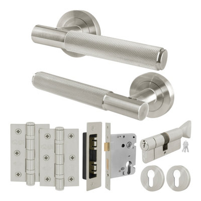 B&Q -  Satin Nickel Door Handle Euro Lock And Turn Cylinder Set1 Pair Of Knurled Internal HandlesLocksHingesNurl
