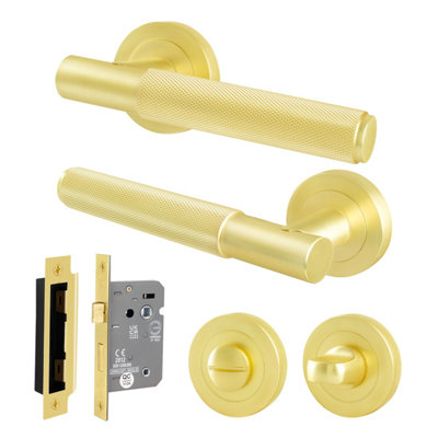 B&Q -  Satin Brass Bathroom Door Handle Round Rose Kit1 Pair Of Knurled Internal Lever Handles With Lock 64mmNurl
