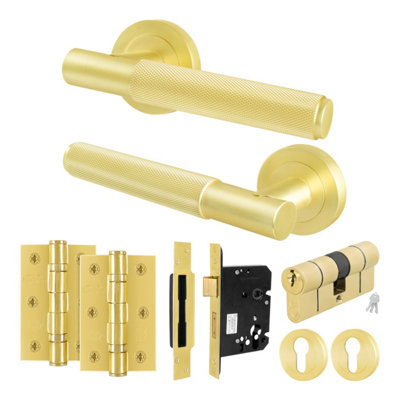 B&Q -  Satin Brass Door Handle Euro Lock And Double Cylinder Kit1 Pair Of Knurled Internal HandlesLocksHingesNurl