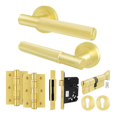 B&Q -  Satin Brass Door Handle Euro Lock And Turn Cylinder Set1 Pair Of Knurled Internal HandlesLocksHingesNurl