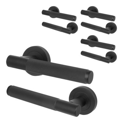 Afit Matt Black Door Handles Round Rose4 Pairs Of Knurled Internal Lever HandlesNurl Range from B&Q