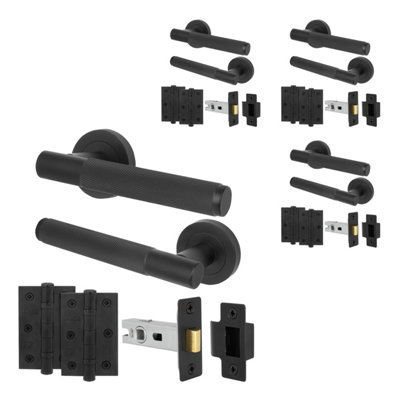 B&Q -  Matt Black Door Handles Round Rose Latch Kit4 Pairs Knurled Internal Lever HandlesLatches 64mm And HingesNurl