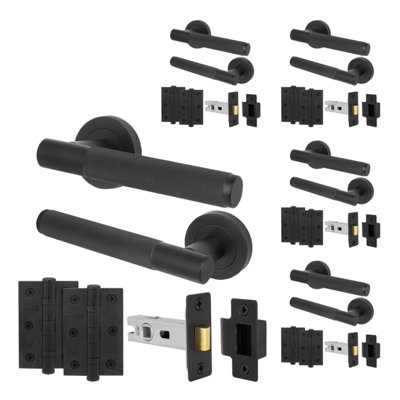 Afit Matt Black Door Handles Round Rose Latch Kit5 Pairs Knurled Internal Lever HandlesLatches 64mm And HingesNurl from B&Q