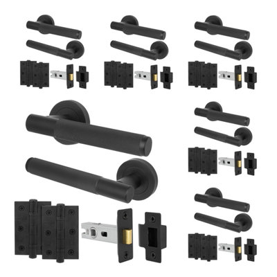 B&Q -  Matt Black Door Handles Round Rose Latch Kit6 Pairs Knurled Internal Lever HandlesLatches 64mm And HingesNurl