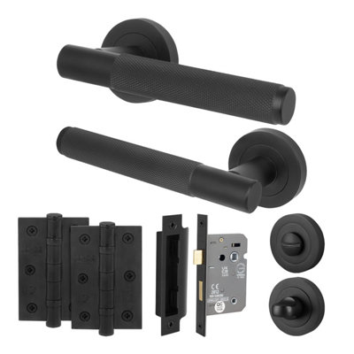 Afit Matt Black Bathroom Door Handle Round Rose Kit1 Pair Of Knurled Internal Lever HandlesLock 64mmHingesNurl from B&Q