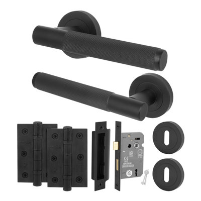 Afit Matt Black Door Handle Round Rose Key Lock Kit1 Pair Of Knurled Internal Lever HandlesLock 64mm And HingesNurl from B&Q