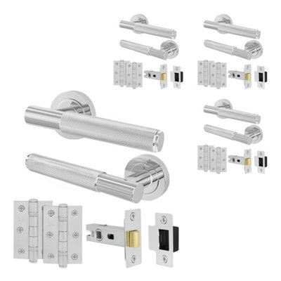 B&Q -  Polished Chrome Door Handles Round Rose Latch Kit4 Pairs Knurled Internal Lever HandlesLatches 64mm And HingesNurl