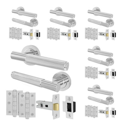 B&Q -  Polished Chrome Door Handles Round Rose Latch Kit6 Pairs Knurled Internal Lever HandlesLatches 64mm And HingesNurl