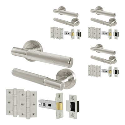 B&Q -  Satin Nickel Door Handles Round Rose Latch Kit4 Pairs Knurled Internal Lever HandlesLatches 64mm And HingesNurl
